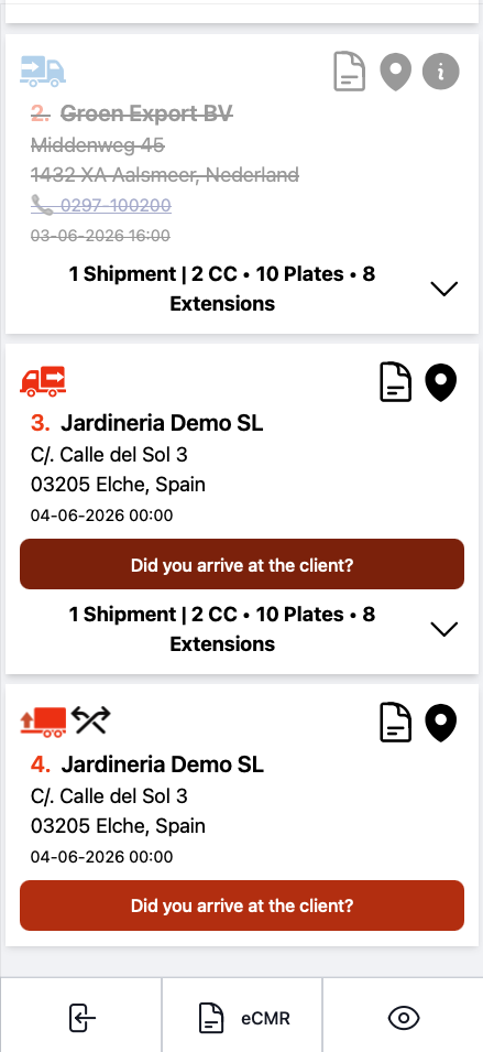 Application chauffeur CargoLedger montrant la confirmation d'arrivée à un arrêt de livraison