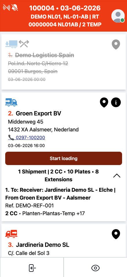 Application chauffeur CargoLedger montrant un itinéraire multi-arrêts avec actions de chargement et de livraison