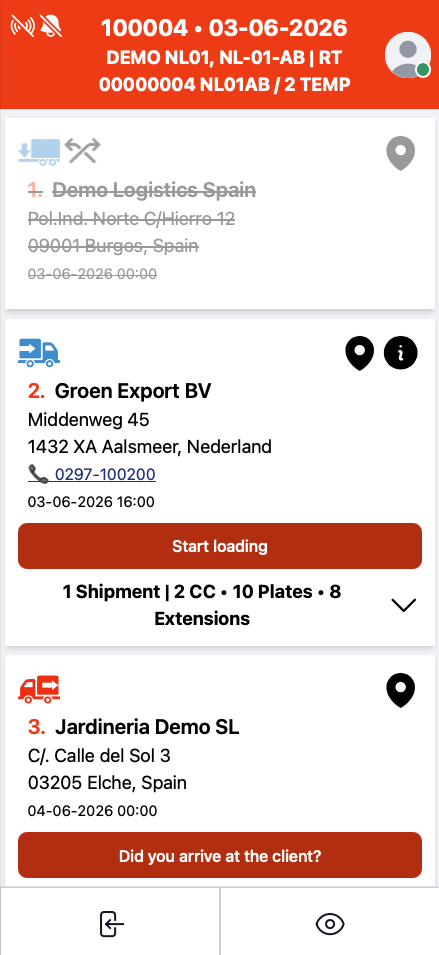Application CargoLedger montrant une liste d'expéditions multi-arrêts avec boutons de confirmation d'arrivée