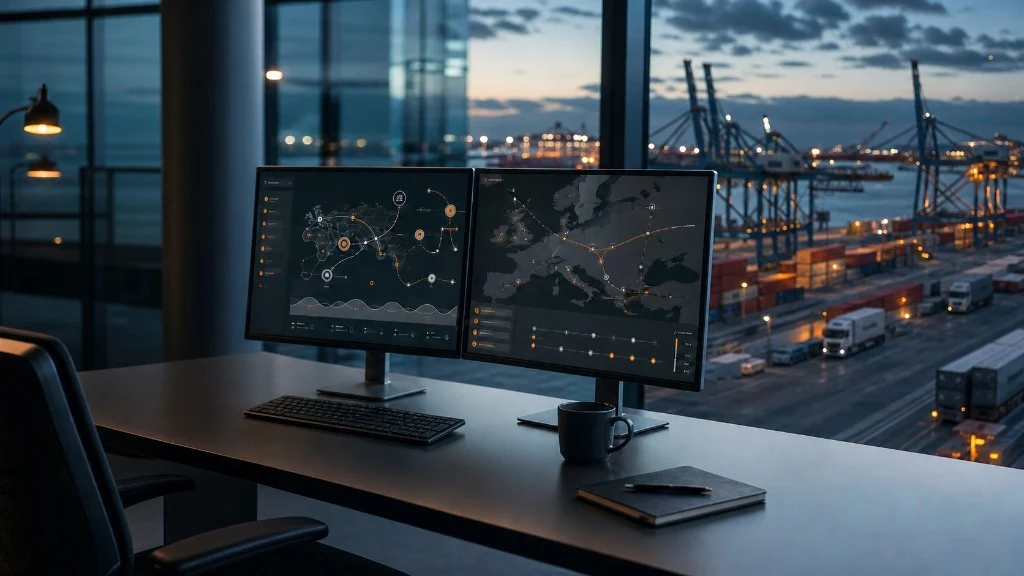 A logistics manager monitoring a global network and European tradelane map on dual screens, with a container terminal visible through the window at night