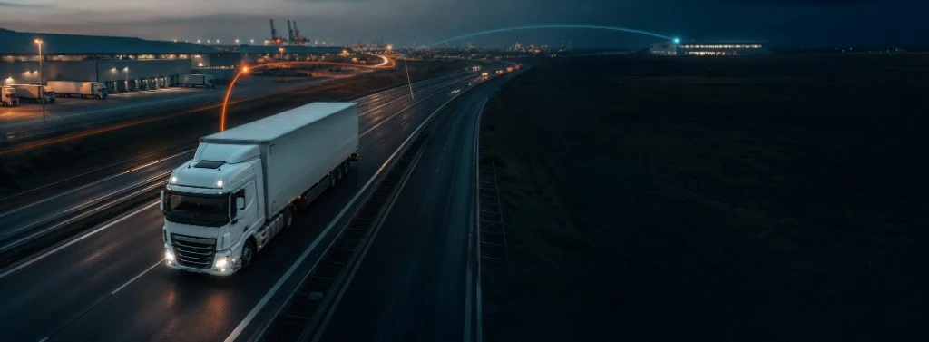 A truck on the highway at night near a port terminal, its trip recorded digitally instead of on paper